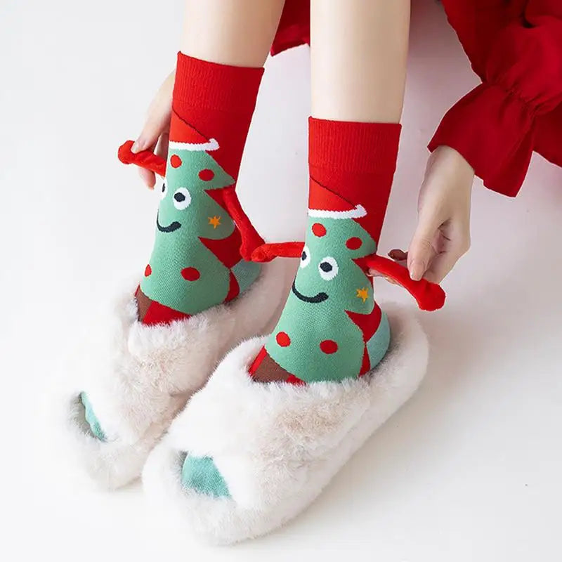 Christmas Magnetic Suction Hand In Hand Socks Unisex Holding Hands Long Socks Cute Santa Claus Christmas Tree Cotton Stockings