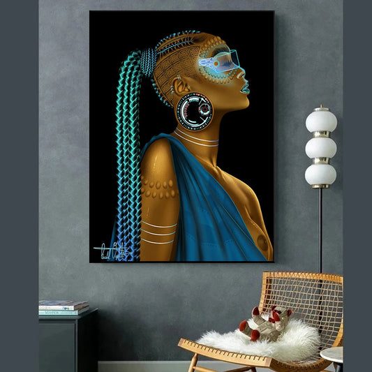 Afrofuturismo Mujer negro Pintura de retrato de arte de pared moderno Póster Impresión Imágenes Africanas Sala de estar Decoración del hogar Cuadros