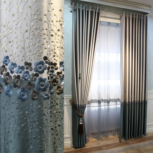 High-end light luxury embroidery imitation light splicing blackout decorative tulle Curtains for Living dining room bedroom