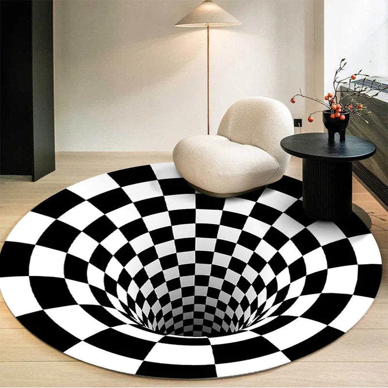 Tapis rond 3d illusion optique tapis antidérapant un tapis de trappe blanc noir tapis de plaquette de trappeur de sol antidérapant