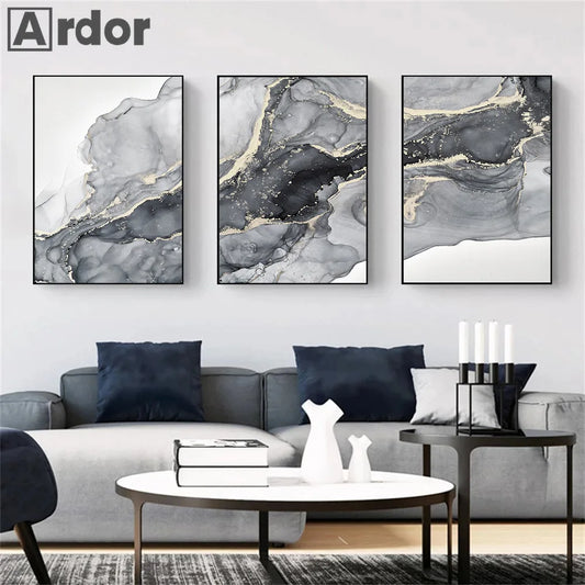 Carteles de mármol gris negro de oro negro Pintura de lienzo moderna nórdica abstracta arte de pared impresa sala de estar decoración interior del hogar