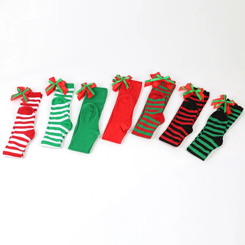 Christmas Green Red Stocking Striped Over The Knee Bowknot Long Socks Chirstmas Gift Elf Santa Socks