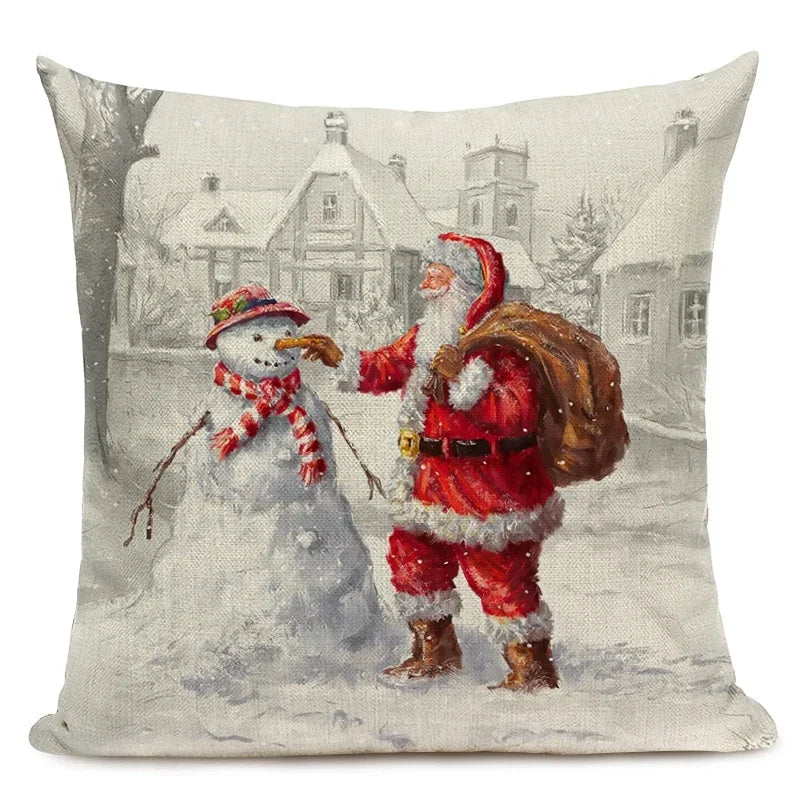 Merry Christmas Cushion Covers 45x45cm Snowman Santa Printed Pillow Cover Linen Pillowcase for Home Decor