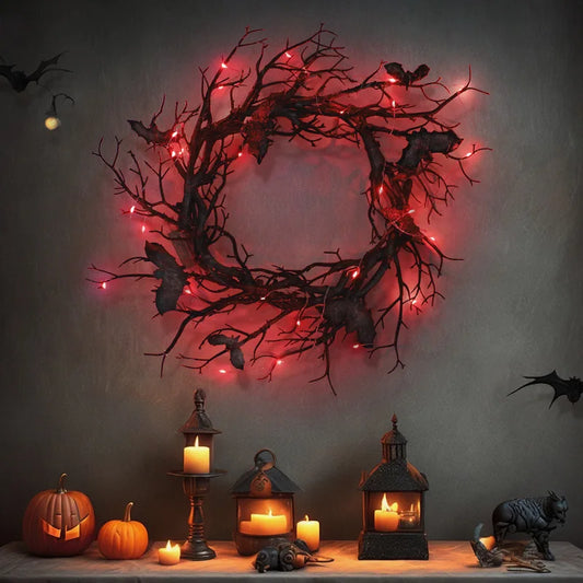 Halloween Wreath Bat Black Branch Wreaths With Red LED Light 45CM Wreaths For Doors Window Flower Garland Halloween Decoration