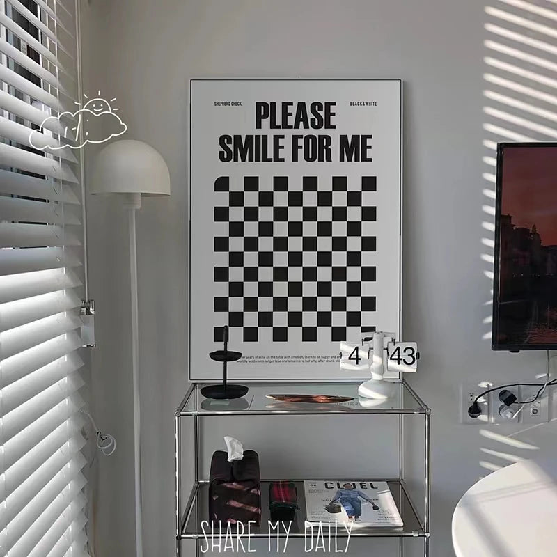 Nordic Modern Black And White Checkerboard Please Smile For Me Wall Art Canvas Painting Posters Picture Living Room Home Decor