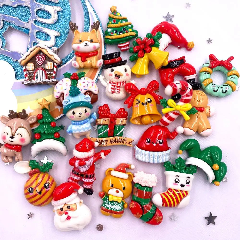 Resin Kawaii Colorful Santa Trees Elk Snowman Bells Flatback Stone Cartoon Christmas Figurine 10PCS Scrapbook DIY Decor Crafts