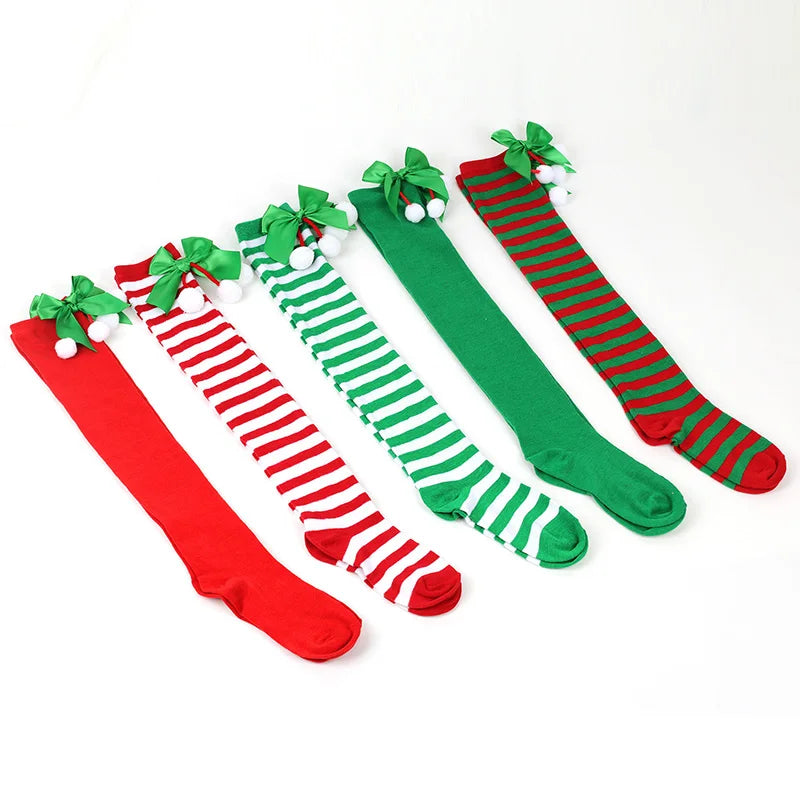 Christmas Green Red Stocking Striped Over The Knee Bowknot Long Socks Chirstmas Gift Elf Santa Socks