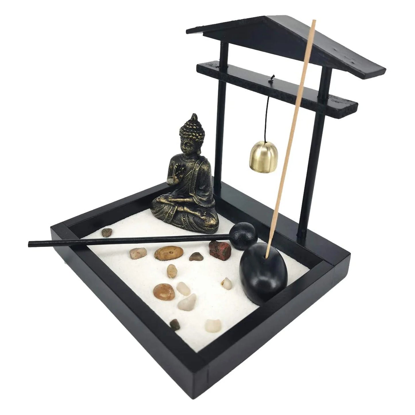 Desktop Zen Sand Garden Meditating Buddha estátua, mini kit de bandeja de areia do jardim zen para decoração de escritório em casa