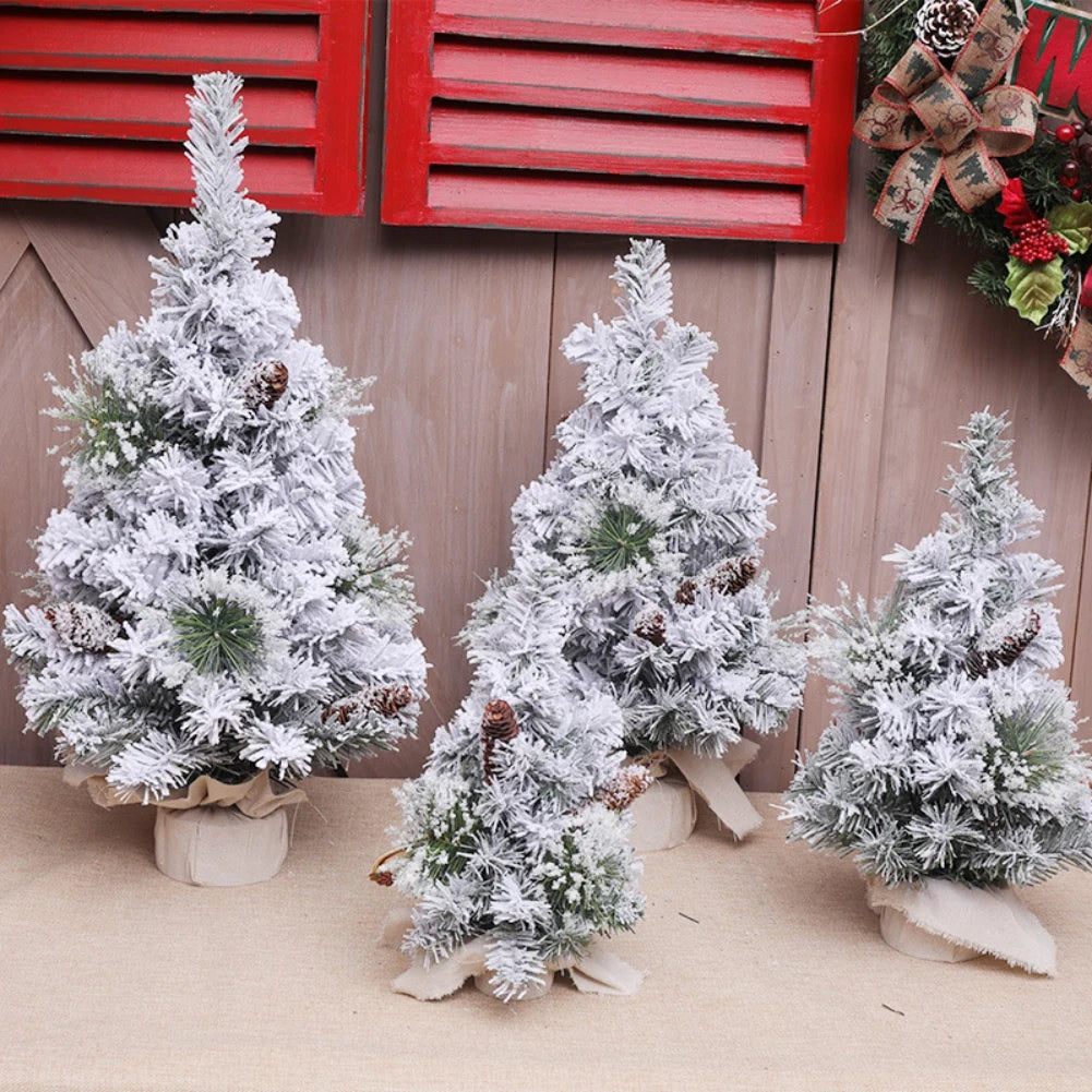 Snowy Mini Christmas Tree Small Tabletop Flocked Tree with Pine Cones Cloth Base Xmas Decorations for Home Decor Display Windows