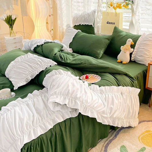 Romantic Princess Green Lace Quilt Cover Set Girls Woman Solid Color Bed Skirt Sheet Decor Bedroom Home Textiles