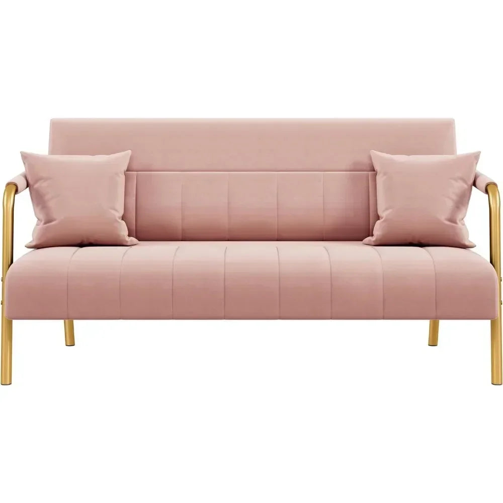 56.5" W Modern Loveseat 2 Seater Sofa Luxurious Velvet Fabric Couch with Gold-Tone Metal Arms and Legs for Bedroom, Studio Pink