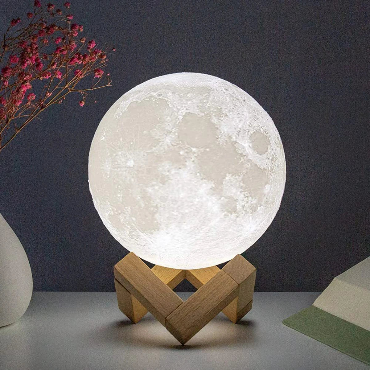 D5 Lámpara de luna de 8 cm LED Night Light Battery con soporte de lámpara estrellada Decoración de dormitorios Luces nocturnas Regalo lunar Lámpara de Navidad Regalo