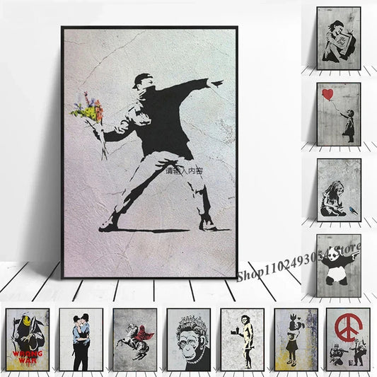 Banksy Graffiti Artework Canvas Pintura Impresiones Arte de pared Fotos Girl con globo rojo Carteles negros Blancos Decoración del hogar nórdico