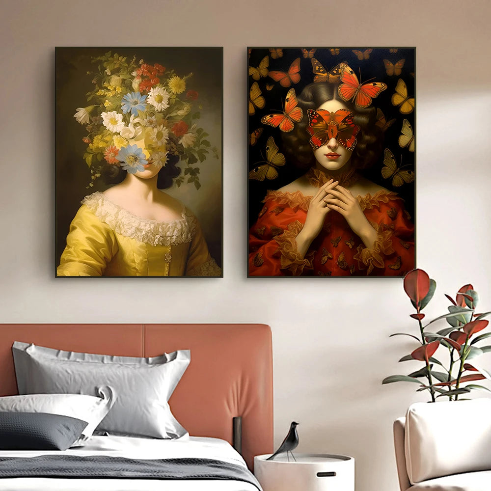 Butterfly Flower Woman Poster Print Vintage Retrato Painting Painting Abstract Wall Art Picture for Living Room Home Decoration