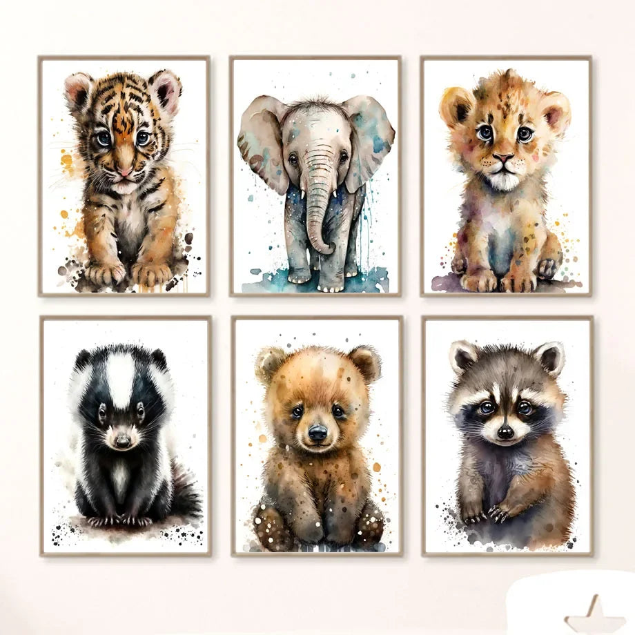 Elephant Zebra Lion Tiger Bear Raccoon Watercolor Baby Posters Nursery Canvas Painting Wall Art Print Pictures Kids Room Decor