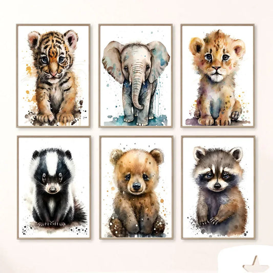 Elefante Zebra Lion Tiger Bear Raccoon A acuarela Carteles para bebés Canvas de guardería Pintura Arte de pared Impresión Decoración de habitaciones para niños