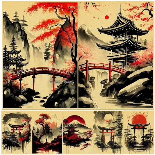 Japonese Natural Landscape Mountain Temple Canvas Pinting Red Black Carteles Black Vintage Tinta Arte Impresiones de pared para la habitación Decoración del hogar