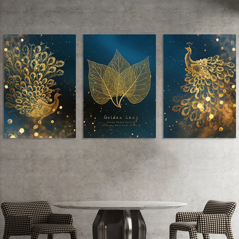 Pintura decorativa Gold Peacock de hojas Arte de la pared Pintura Luz de lujo Póster impermeable Arte de la pared de la pared