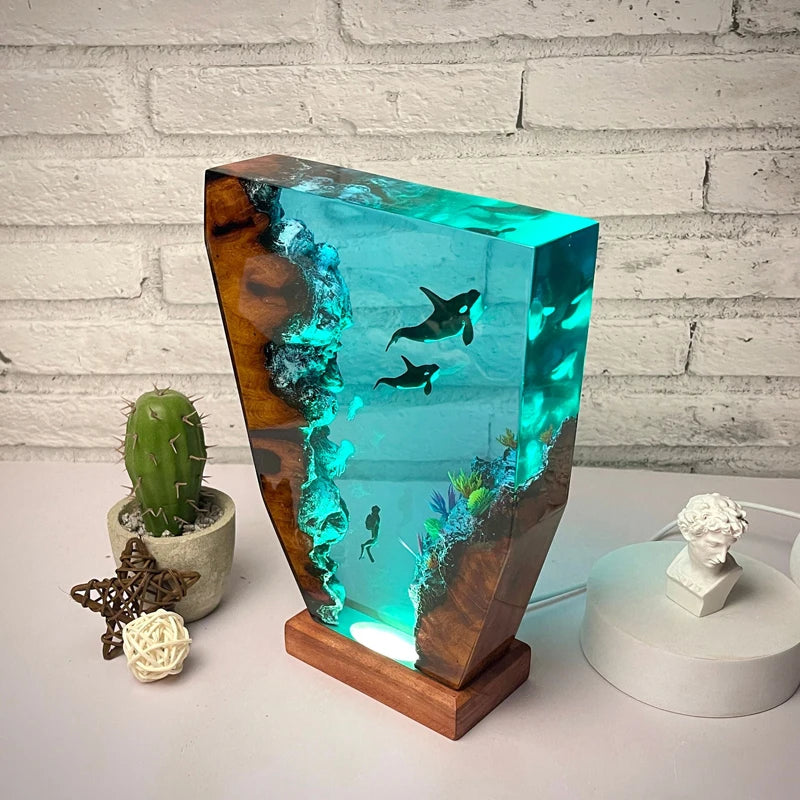 Seabed World Organism Resin Table Light Creactive Art Decoration Lamp Whale Diver Jellyfish Theme Night Light  USB Charge