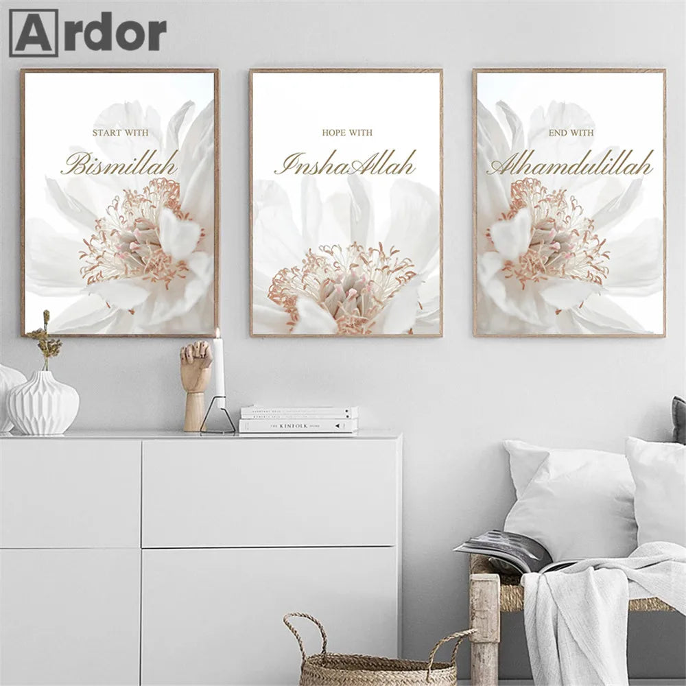 Póster de lienzo de bismilla de floral blanco Citas de pared de caligrafía islámica citas Pintura impresa Fotos de pared musulmana decoración del hogar