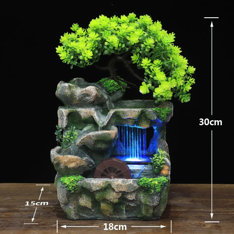 Fuente de agua Decoración del hogar interior Desktop Simulación de rocas pequeñas Fluido de agua Resina Feng shui adornos con luz LED