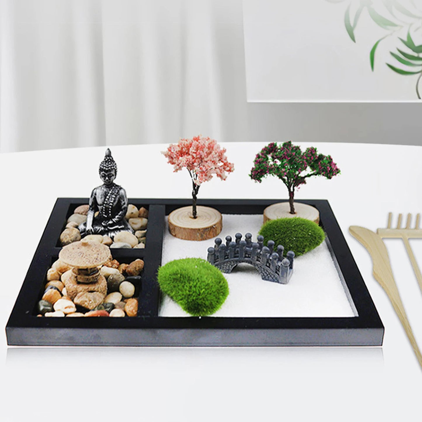 Mini bonsai de estilo zen de estilo japonés, Buda y árbol en miniatura, mesa de arena zen de estatua, decoraciones de la oficina para el hogar micro adornos