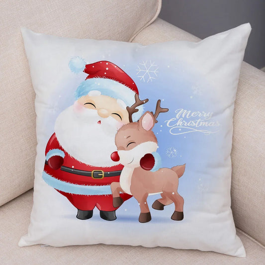 Merry Christmas Cartoon Santa Claus Penguin Deer Print Cushion Cover Home Living Room Sofa Decoration Pillow  45x45cm