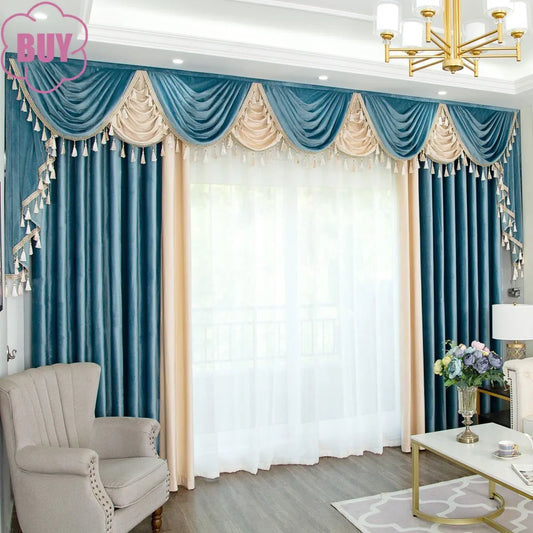 European-style Curtains For Living Dining Room Bedroom Solid Color Stitching Blackout Velvet Villa Curtain Valance Window