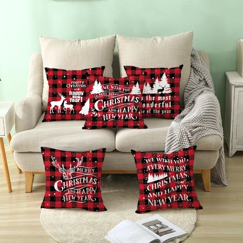 Christmas Cartoon Santa Claus Elk Cushion Cover Red Plaid Throw Pillow Christmas Ornaments Natale 2024 Xmas Gifts Sofa Cushions