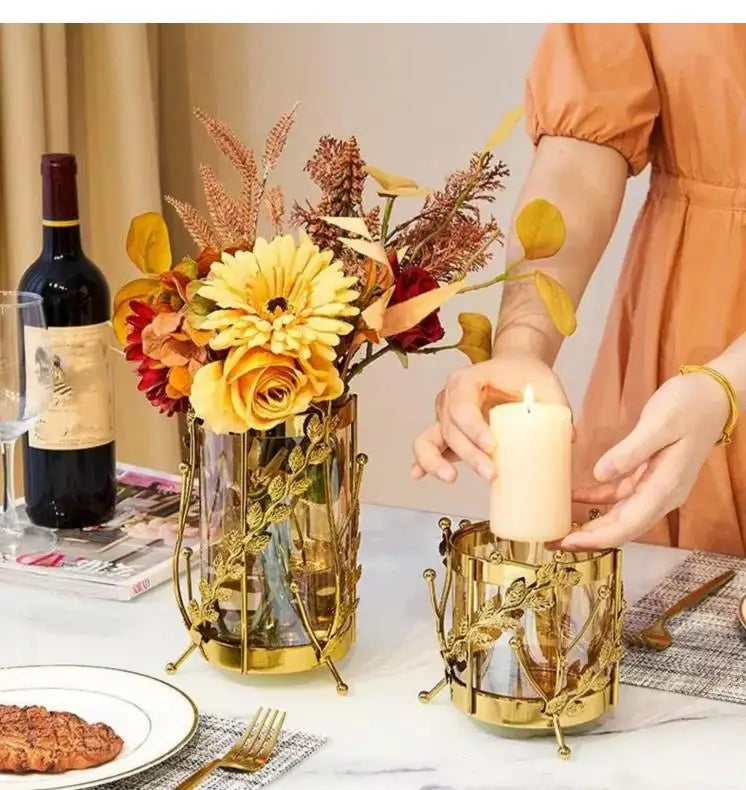 Vaso de vidro de vidro de metal Golden Hollow Metal Metal Flor Hydroponic Flower Decoration Home Decoration Multifuncional Velas