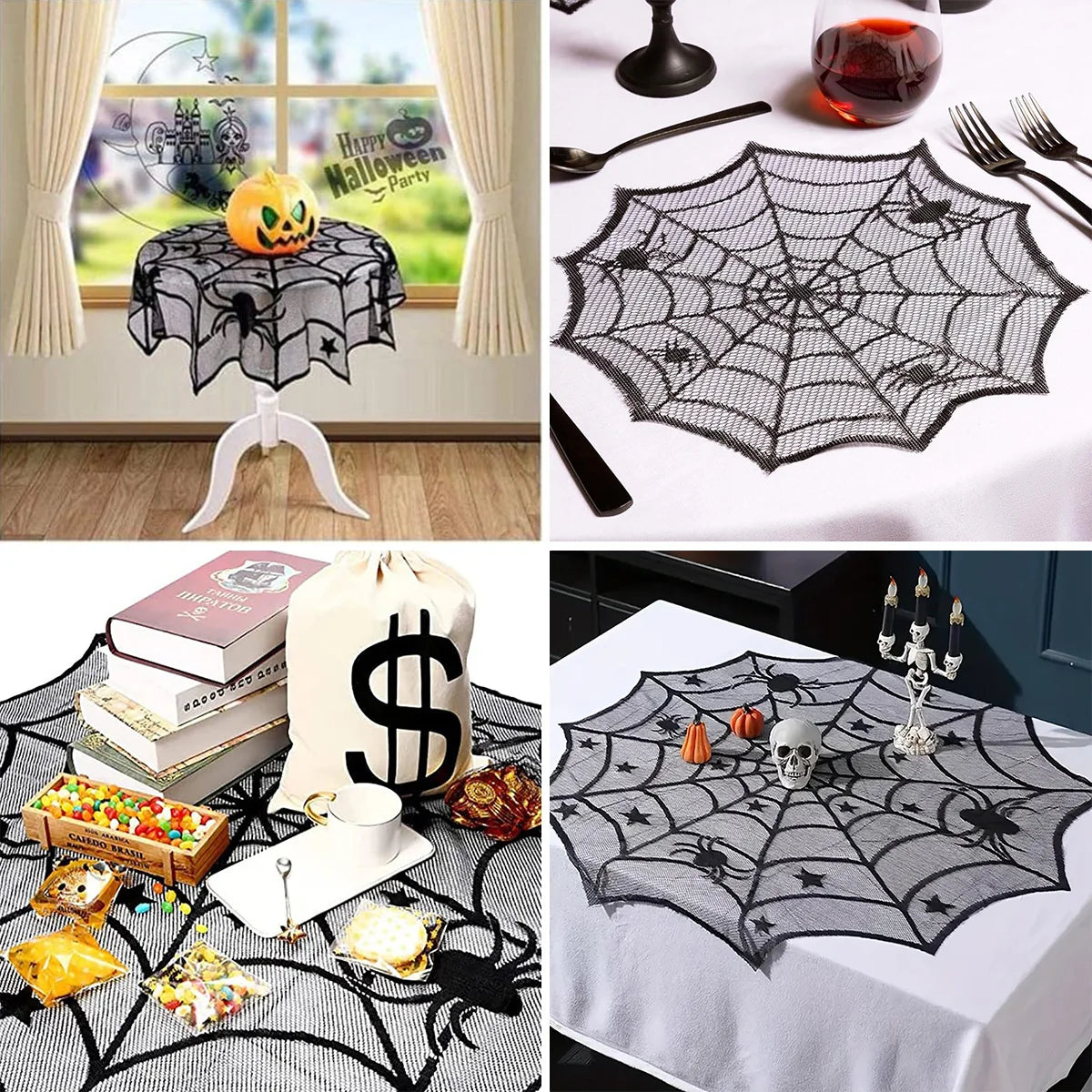 Halloween Black Lace Placemat Happy Halloween Party Decorations 2024 For Home Spider Web Tablecloth Kitchen Dining Table Covers