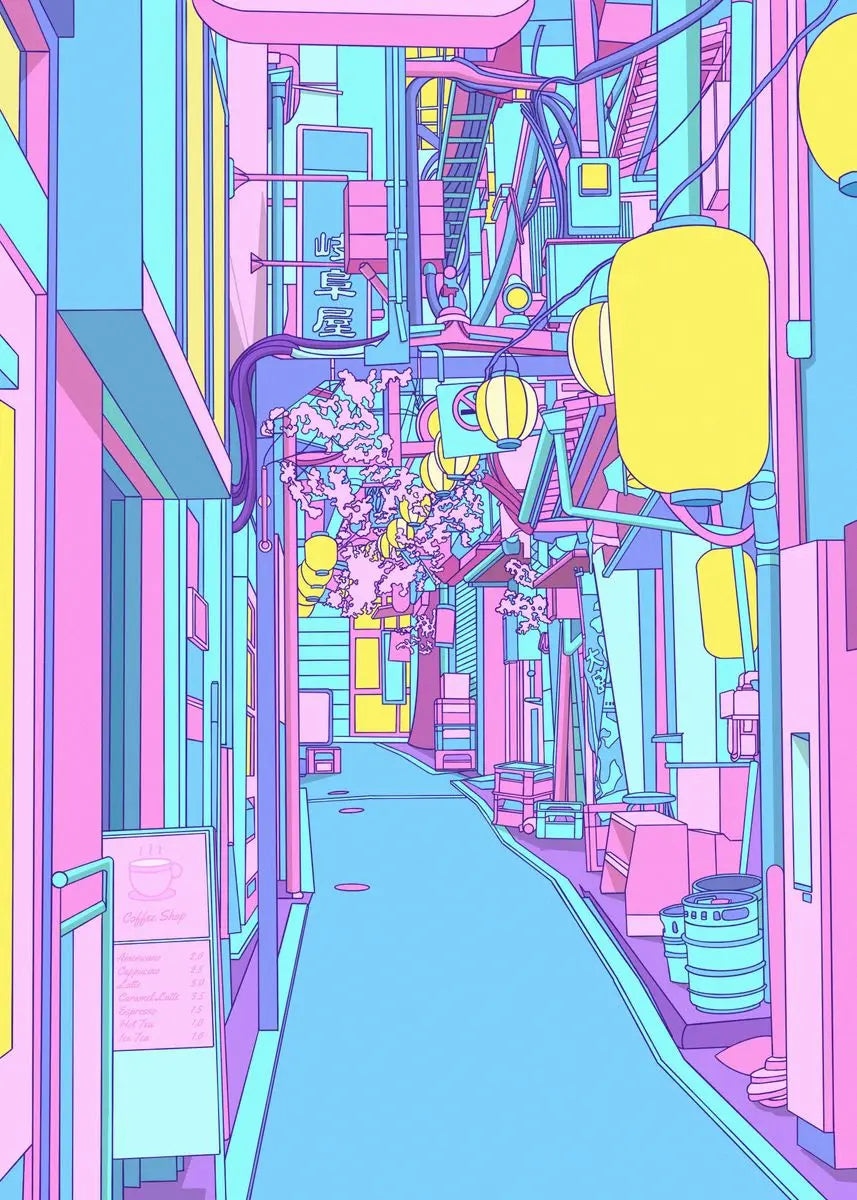 80S Neon City Street Vaporwave Canvas Póster de la calle coreana Anime Pintura decorativa Arte de pared estampados para la habitación Kawaii Decoración de la habitación