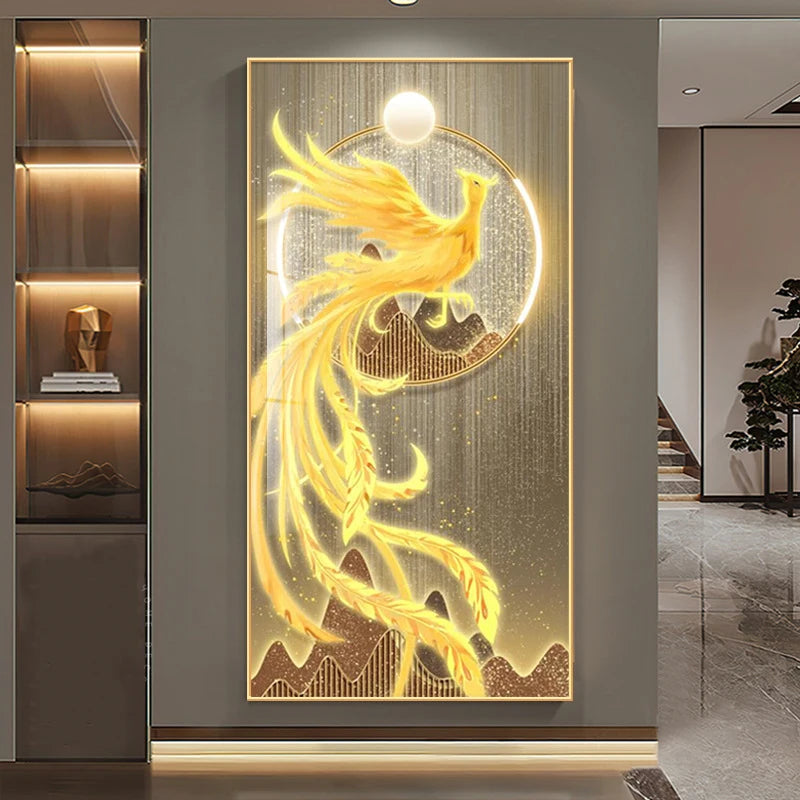 Nuevo estilo chino Luxury Golden Phoenix Canvas Painting Fengshui Animal Peacock para la sala de estar del porche Decoración de la sala de estar sin marco Cuadros