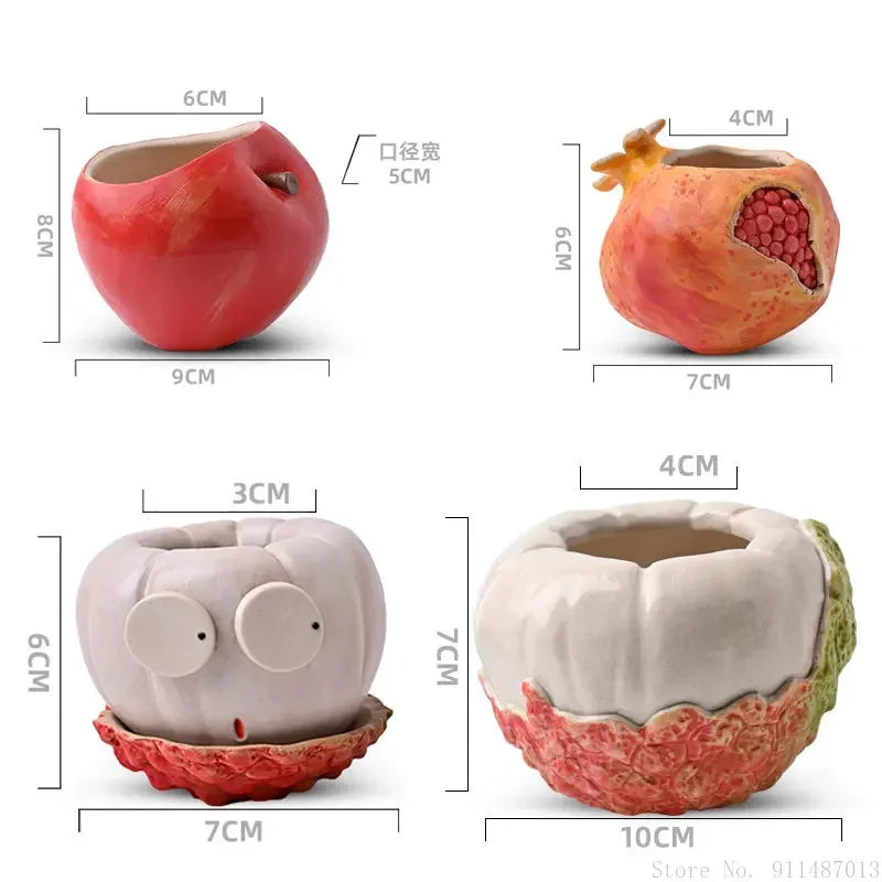 رسمت باليد المنزل الإبداعي نفاذية الهواء الخشنة السيراميك جميل الكرتون التفاح ليتشي الرمان شكل وعاء الزهور الزخرفية، 1 قطعة