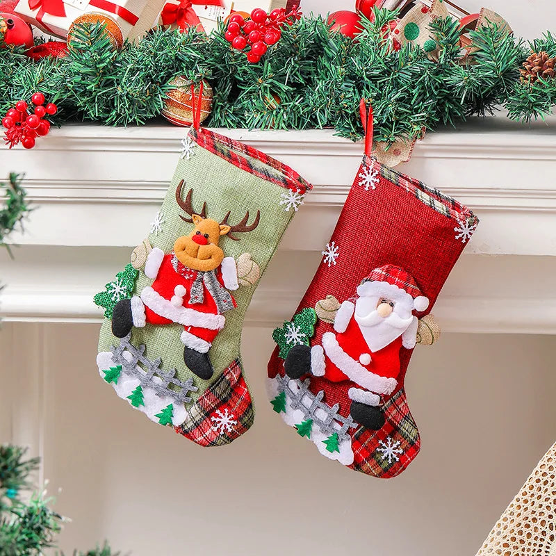 Christmas Stocking Decoration Linen Large Fence Christmas Gift Bag Elk Snowman Dog Santa Claus Xmas Tree Candy Bag Home Decor