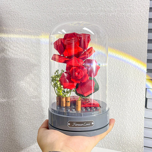 Bloques de construcción Flores Caja de música Diy Rose Bouquet Planta Bonsai Música Música Decoración de juguetes para niños Regalo para novia