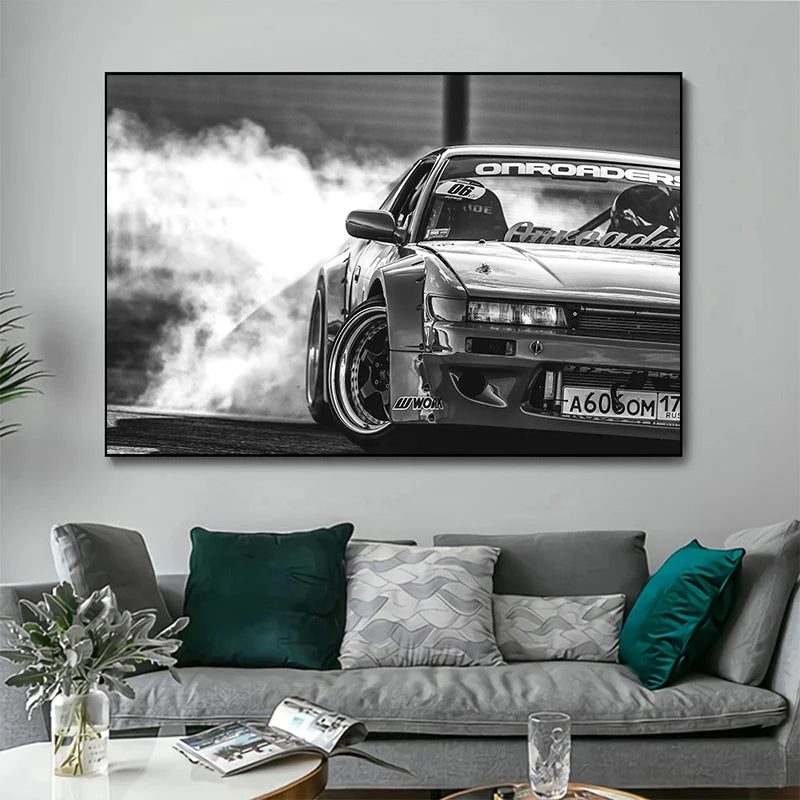 CAR CAR ESTILO INDUSTRIAL Drift JDM Estado neumáticos Fumo Póster Impresión Pintura Arte de la pared Imagen para decoración de la sala del hogar