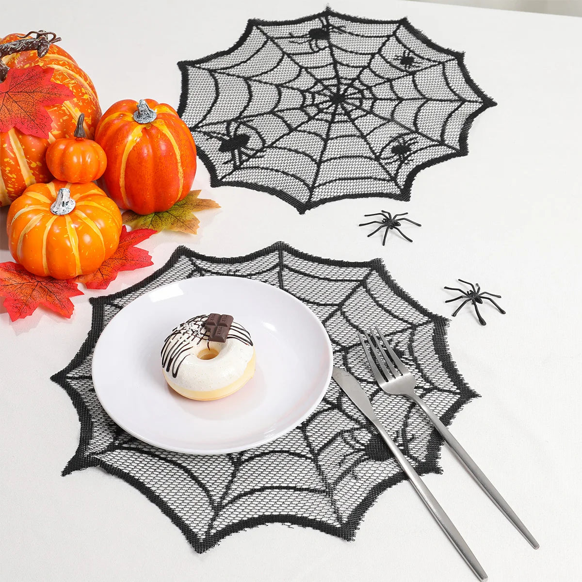 Halloween Black Lace Placemat Happy Halloween Party Decorations 2024 For Home Spider Web Tablecloth Kitchen Dining Table Covers