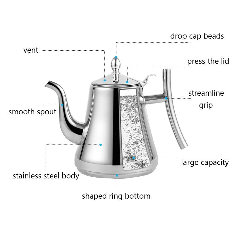 1000/1500 ml théière royale en acier inoxydable avec une passoire à thé en argent doré bouilloire avec infuseur à thé Oolong Flower.