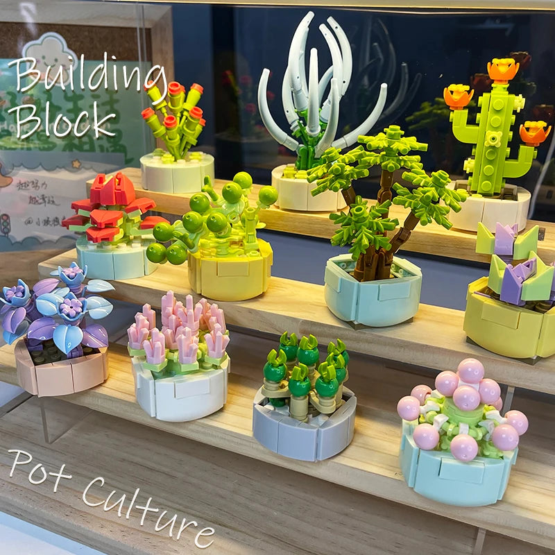 Bloco de construção de flores de cultura de panela Tijolos Diy Brinquedos Plantas Presente de Natal Para meninas adultos Simulação de criança Decorações de desktop fofas