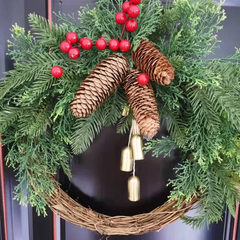 New Christmas Pine Cone Bell rattan Wreath Countryside Door Hanger Wall Hanging Decor Window Decoration Simulation Garland