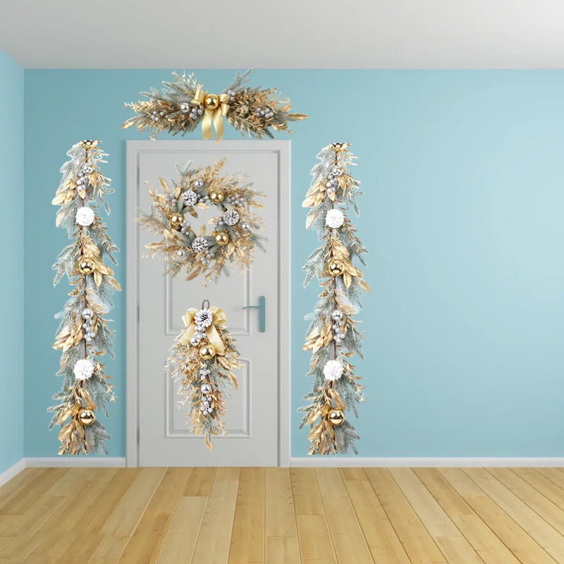 Christmas Wreath For Front Door Artificial Golden Flower Garland Pinecone Rattan Set Hanging Outdoor Christmas Decoration 2024