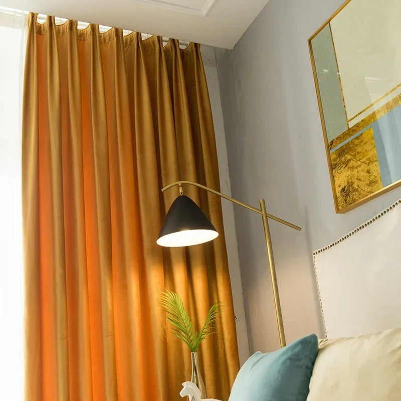 American Warm Yellow Velvet Curtains Living Room Bedroom Semi-blackout Velvet Curtains Modern Minimalist Tulle Customization