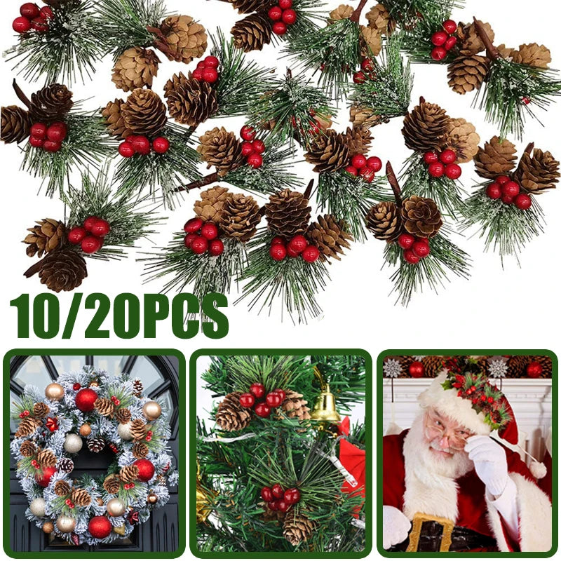 10/20Pcs Christmas Pinecones Pine Needles Branches with Artificial Red Berry Stems for Xmas Tree Garland DIY Crafts Gifts Decor