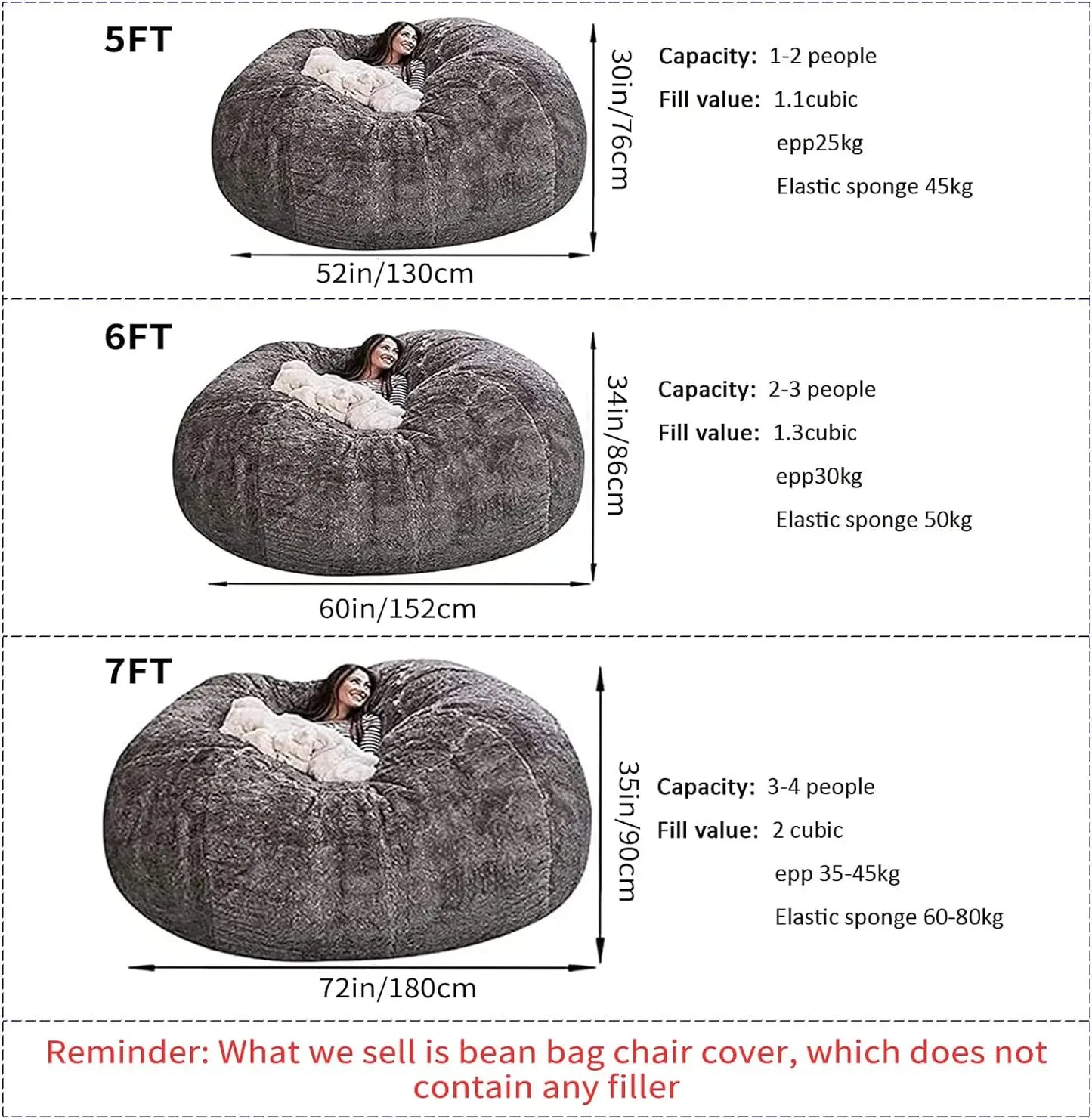 Giant Fur Bean Bag Chair Cover for Kids Adults,Living Room Furniture Big Round Soft Fluffy Faux Fur Beanbag Lazy Sofa Bed Cover