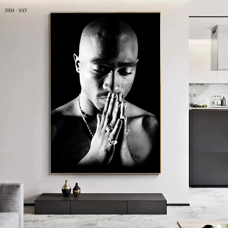 Rapper Tupac Poster Hip Hop Sänger 2pac Canvas Print Gemälde Rap Legende Schwarz -Weiß -Wandkunst Bilder Hauszimmer Dekoration