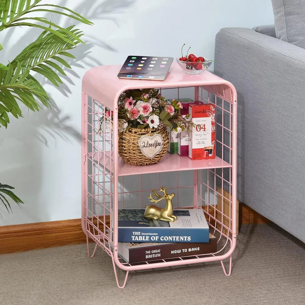 Metal Side Table,Cute Pink Nightstand,3 Tier End Table with Storage,Vintage Bedside Table,Girls Bedroom Furniture