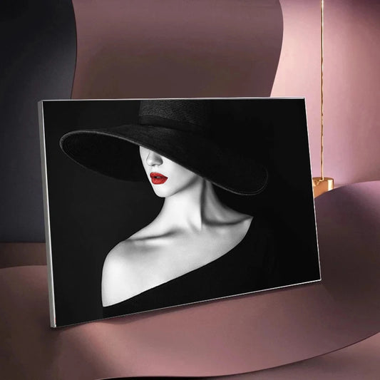 Fashion Women Black Hat Negro Sexy Red Lip Rose Wall Art Canvas Pintura Arte moderno Imagen para sala de estar Decoración del hogar Cuadros