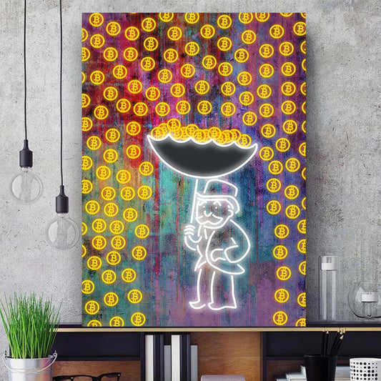 Bitcoin Wall Art Poster Impresiones Graffiti Alex con Umbrella Canvas Pintura Imagen Amantes criptográficos para la sala de estar Decoración del hogar