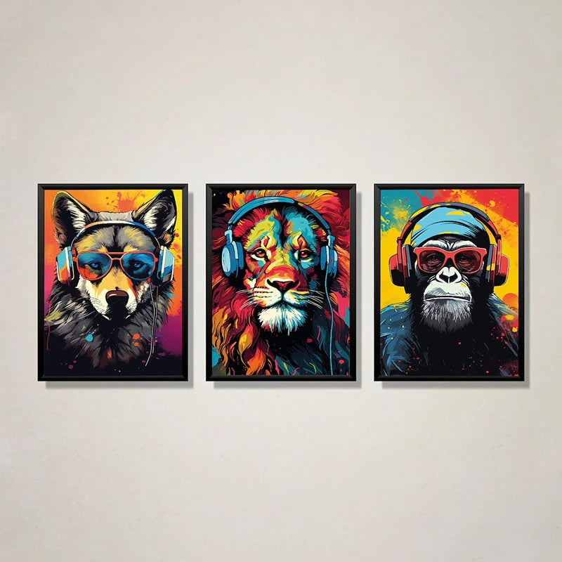 Carteles de juegos geniales animales con auriculares estampados de arte de pared pinturas de lienzo